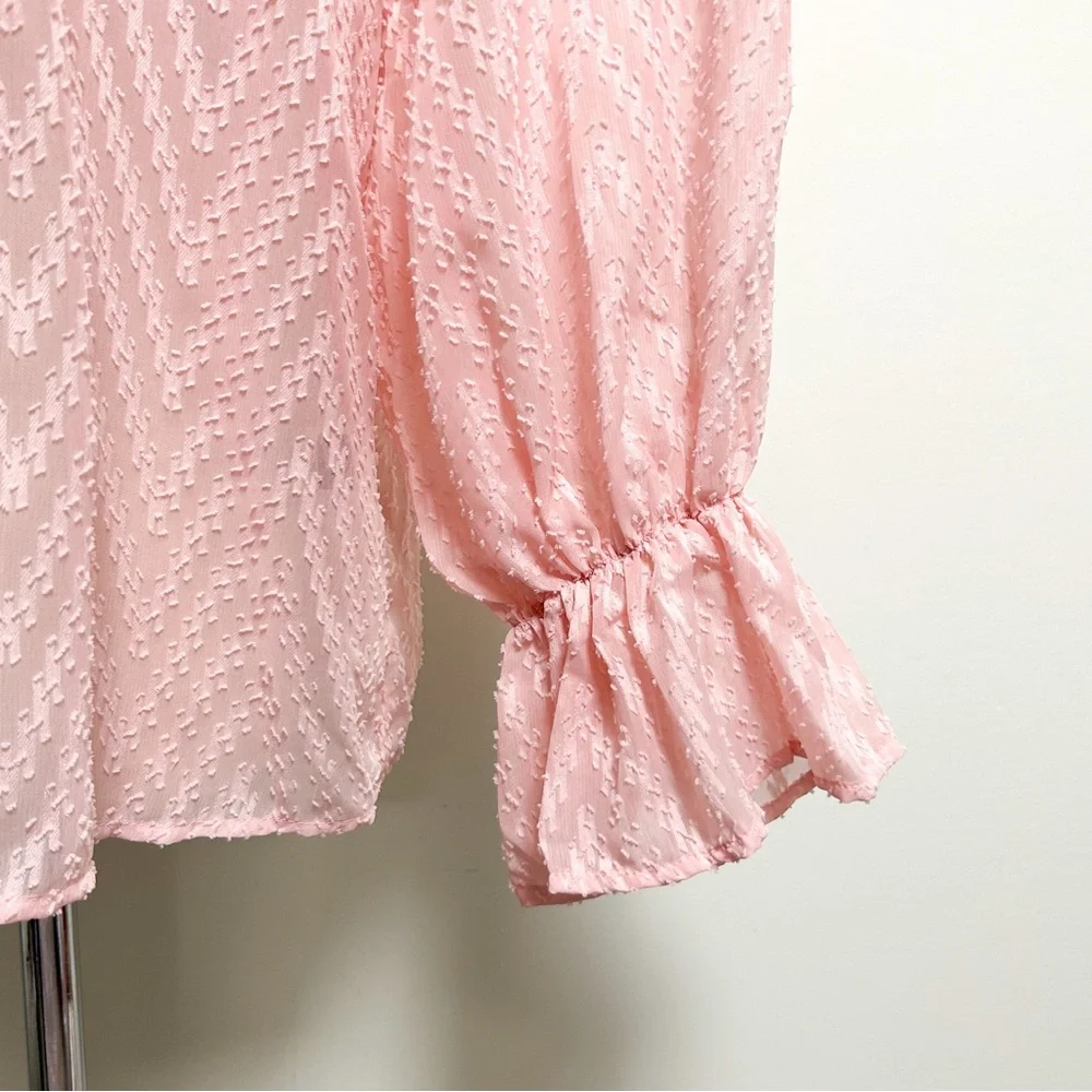Shein Pink Sheer Chevron Faux Pearl Puff Flounce Sleeve Pussycat Bow Blouse 2XL - Picture 4 of 10